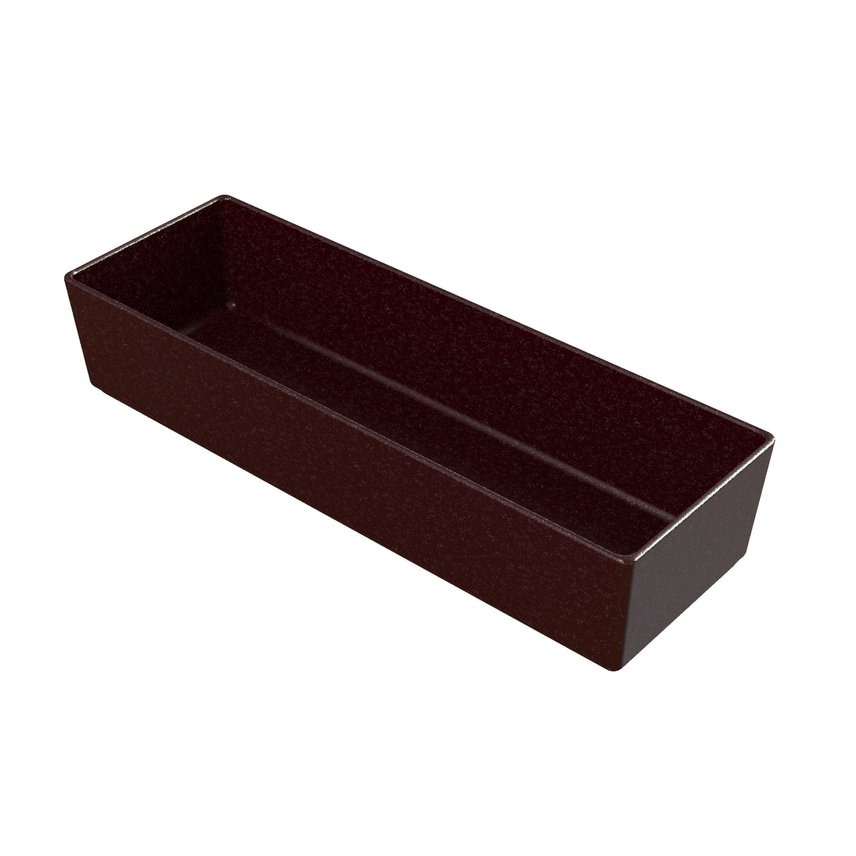 A rectangular, deep, dark brown tray with straight sides and a smooth, glossy cast aluminum bowl surface. The tray is empty and set against a plain white background.