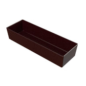 A rectangular, deep, dark brown tray with straight sides and a smooth, glossy cast aluminum bowl surface. The tray is empty and set against a plain white background.