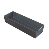 A rectangular, deep, dark gray sand cast aluminum bowl with smooth sides and sharp corners, viewed from an angle on a white background. The tray is empty and has a matte finish.