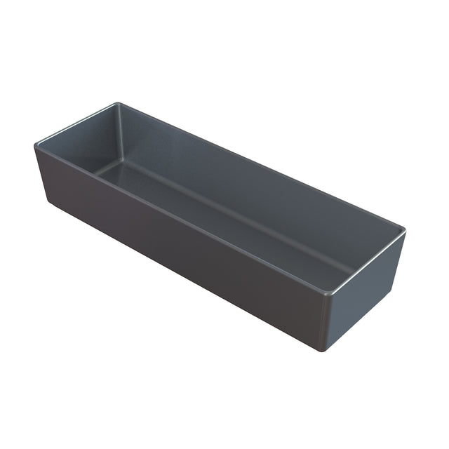 A rectangular, deep, dark gray sand cast aluminum bowl with smooth sides and sharp corners, viewed from an angle on a white background. The tray is empty and has a matte finish.