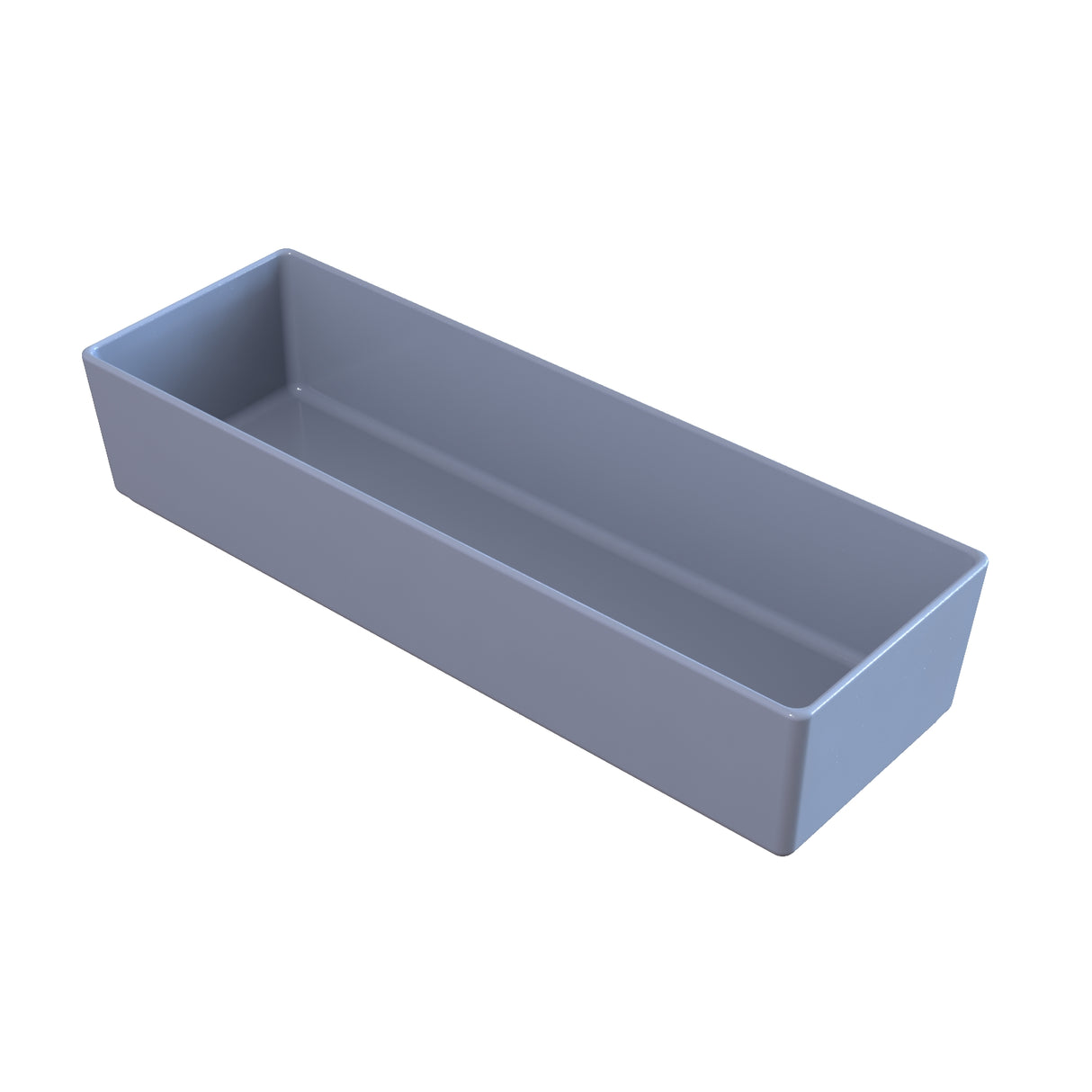 A rectangular, grey, open-top NSF rectangular serving bowl with smooth edges and straight sides sits on a white background. Shown at an angle, this cold holding bowl reveals its depth and spacious interior.