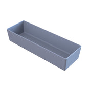 A rectangular, grey, open-top NSF rectangular serving bowl with smooth edges and straight sides sits on a white background. Shown at an angle, this cold holding bowl reveals its depth and spacious interior.