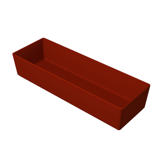 A rectangular, deep, open-top NSF bowl in solid red color, viewed at an angle against a white background. The container has straight sides, sharp corners, and a smooth surface, resembling a cast aluminum bowl or box.