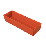 A rectangular, open-top dishwasher safe bowl in solid orange, viewed at an angle from above. The container has straight sides, a flat bottom, and appears to be made of plastic. The background is plain white.