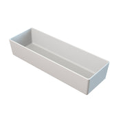 A rectangular, white, shallow tray with straight sides and sharp corners is shown angled on a plain white background. The smooth, glossy finish suggests it may be a dishwasher safe bowl made of ceramic or plastic. The tray is empty.