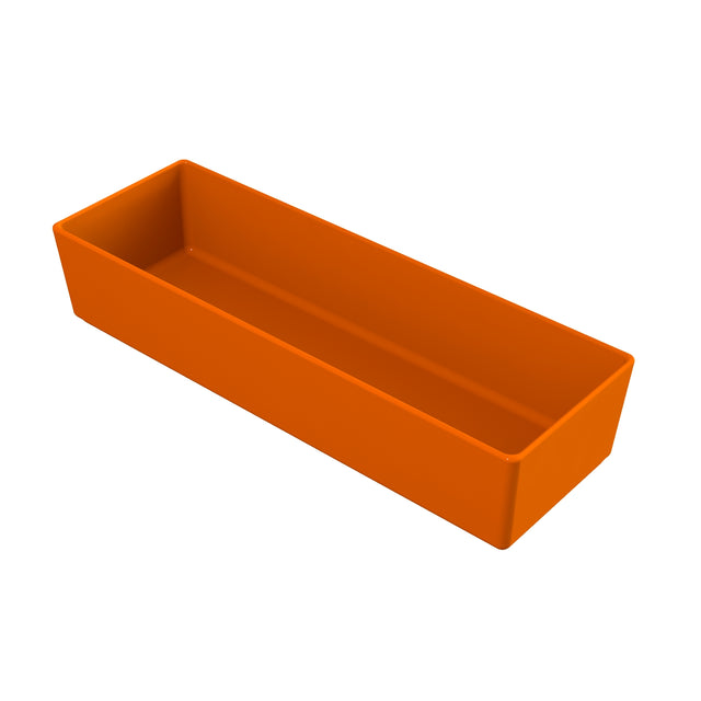 A rectangular, open-topped, orange plastic container with smooth sides and slightly rounded corners, shown on a white background. This NSF dishwasher safe bowl is shallow and long, ideal for organizing small items or utensils.