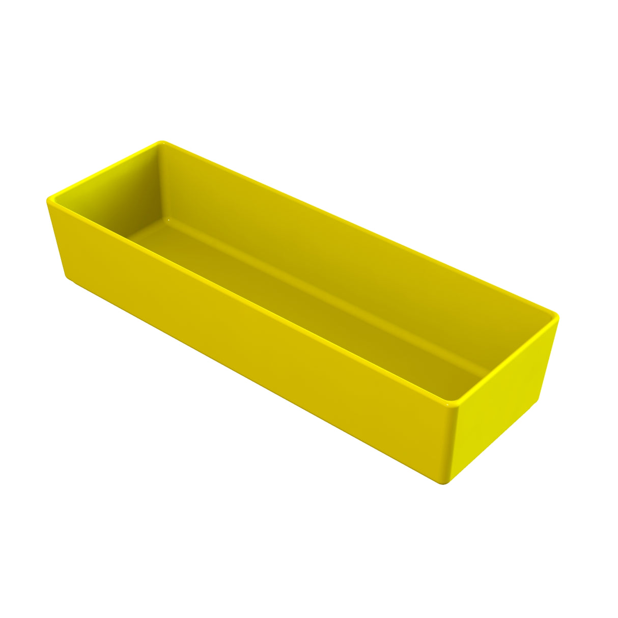 A rectangular, open-topped, yellow plastic tray with smooth sides and a flat base. This cold holding bowl is empty and photographed on a white background from a slightly elevated angle showing both the interior and sides.