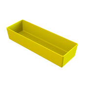A rectangular, open-topped, yellow plastic tray with smooth sides and a flat base. This cold holding bowl is empty and photographed on a white background from a slightly elevated angle showing both the interior and sides.