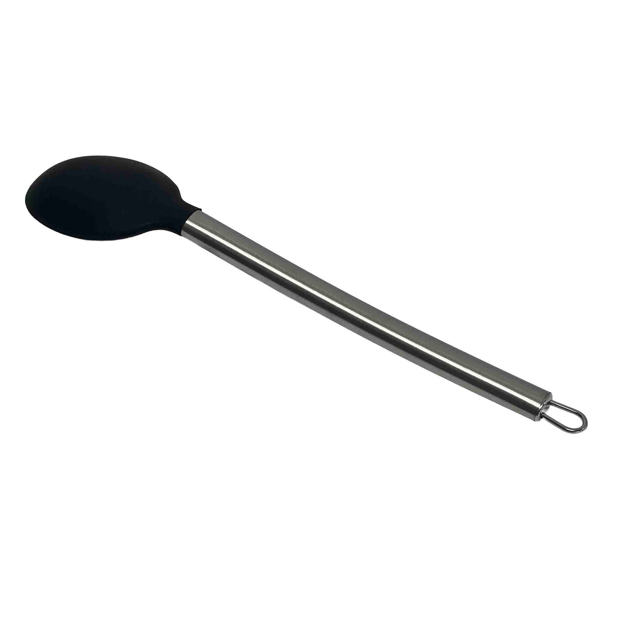 A serving spoon featuring a black silicone head and a long, sleek stainless steel handle with a metal loop for hanging. It is positioned diagonally on a white background.