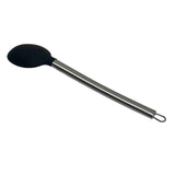 A serving spoon featuring a black silicone head and a long, sleek stainless steel handle with a metal loop for hanging. It is positioned diagonally on a white background.
