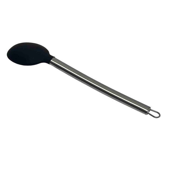 A serving spoon featuring a black silicone head and a long, sleek stainless steel handle with a metal loop for hanging. It is positioned diagonally on a white background.
