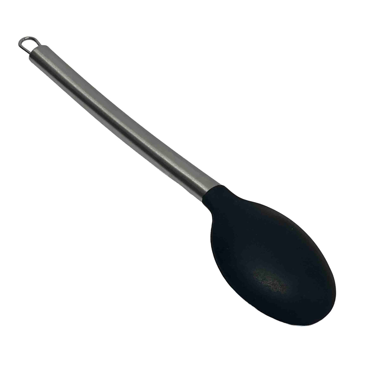 A serving spoon with a black oval silicone head and a straight stainless steel handle, featuring a small loop at the end for hanging, is shown against a plain white background.