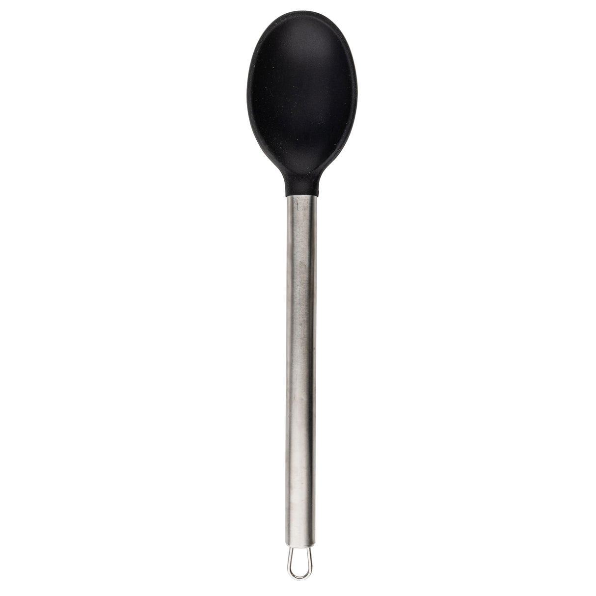 A black serving spoon with a silicone head and a long, straight stainless steel handle ending in a small loop for hanging. The spoon stands vertically on a plain white background.