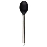 A black serving spoon with a silicone head and a long, straight stainless steel handle ending in a small loop for hanging. The spoon stands vertically on a plain white background.