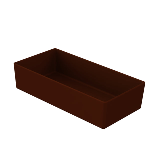 A rectangular, deep brown tray with smooth sides and sharp corners is shown against a plain white background. This NSF bowl features an open top and is viewed at an angle, highlighting its depth and versatility.