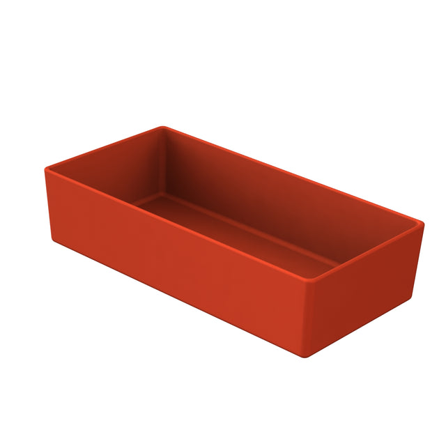 A rectangular, deep, red-orange Duracoat coated cast aluminum box with smooth sides and a copper finish, shown on a white background and viewed at an angle that displays its open interior and three sides.