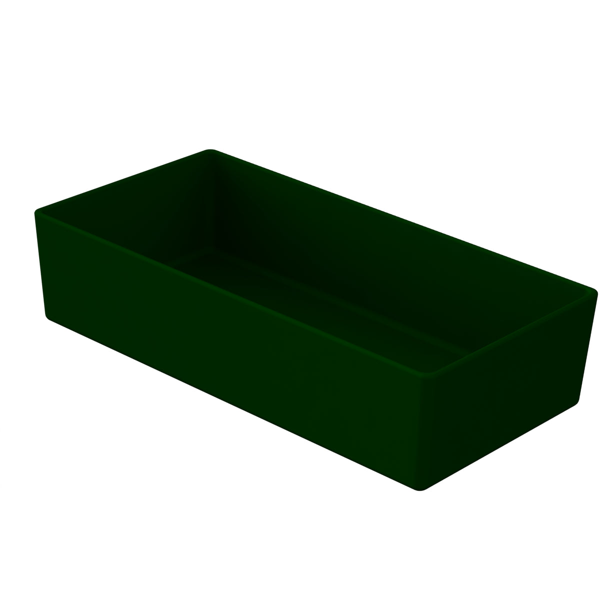 A rectangular, dark green, shallow tray made from Duracoat coated cast aluminum with straight sides and a flat bottom, positioned at an angle on a plain white background. The tray appears empty and has no visible handles or decoration.