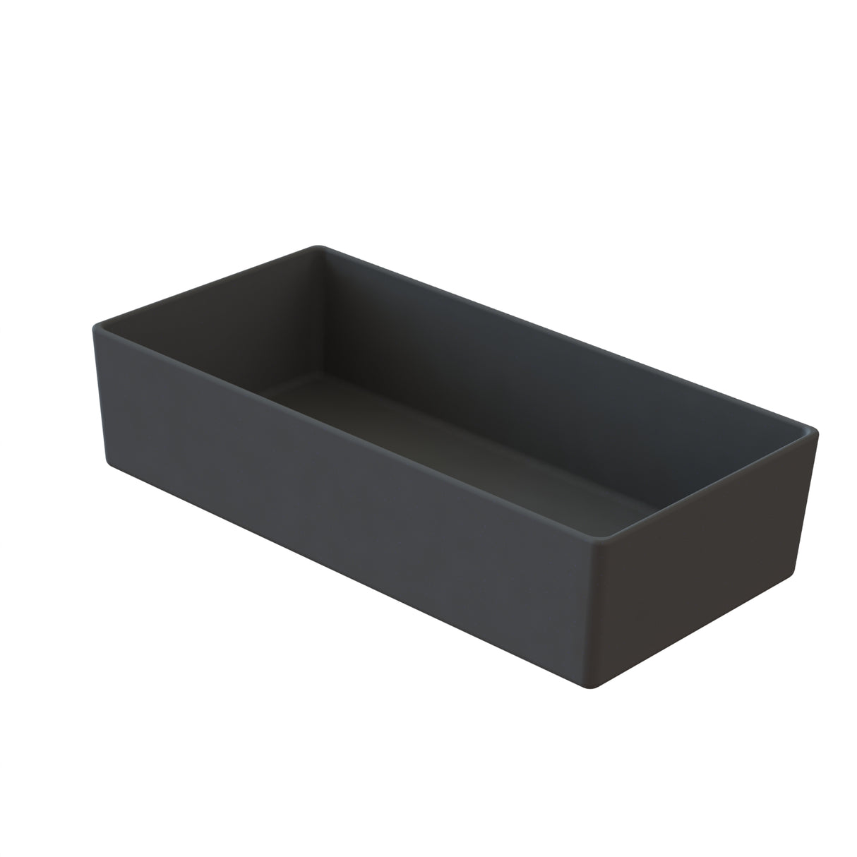 A rectangular, deep, matte black bowl with straight sides and rounded edges, shown empty on a white background. The modern, minimalist design suggests it could be made of cast aluminum or a similar material ideal for cold holding.