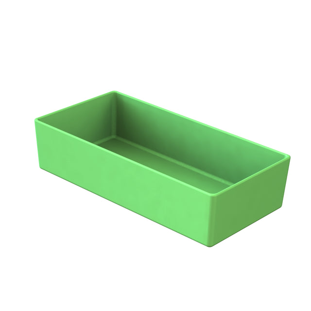 A rectangular, open-top cold holding bowl with smooth sides and sharp edges in a modern mint finish. Made from green plastic, the empty container has a simple, solid design and is shown against a white background.