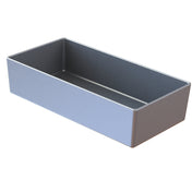 A rectangular, shallow cast aluminum bowl with straight sides and rounded interior corners, shown at an angle against a white background. The container appears smooth and unadorned, with a matte gray finish—ideal as a cold holding bowl.
