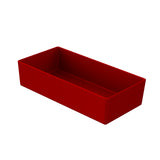 A plain, empty rectangular box with high sides, shown at an angle. The box is solid red with a smooth, matte finish, resembling a Duracoat coated cast aluminum NSF bowl. The background is pure white for a clean and simple appearance.