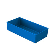 A rectangular, blue, open-top NSF bowl is shown on a white background. The container has smooth sides, a flat bottom, and no handles or visible markings. It appears empty and is positioned at a slight angle to show its depth.
