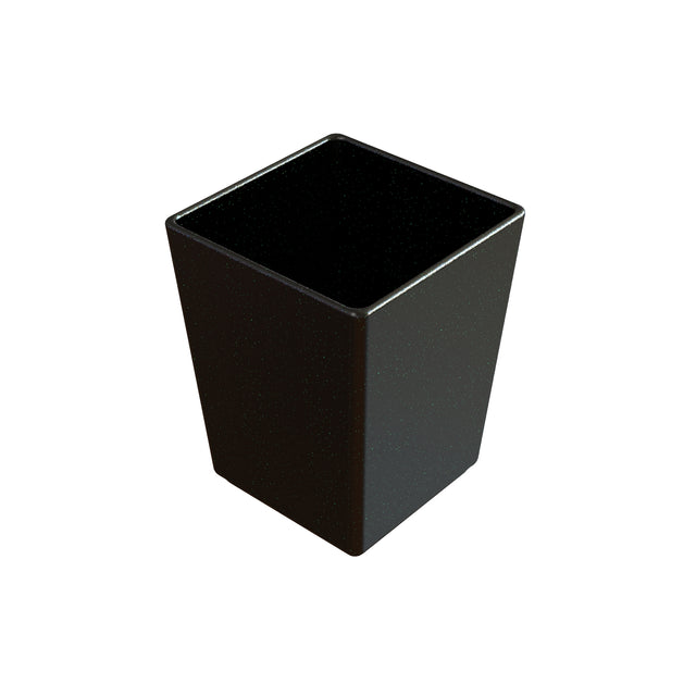 A black, square-shaped cast aluminum bowl with smooth sides is shown against a white background. The container has slightly rounded edges and is empty. The lighting highlights its glossy surface, giving it a sleek and modern appearance.