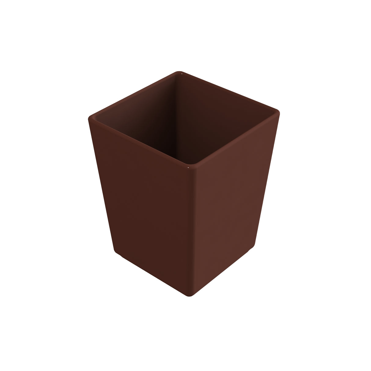 A brown, square-shaped, empty plastic plant pot with slightly tapered sides is shown on a white background. The smooth-surfaced pot has an open top, revealing its interior—similar in form to a compact, dishwasher safe bowl.