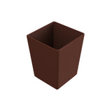 A brown, square-shaped, empty plastic plant pot with slightly tapered sides is shown on a white background. The smooth-surfaced pot has an open top, revealing its interior—similar in form to a compact, dishwasher safe bowl.