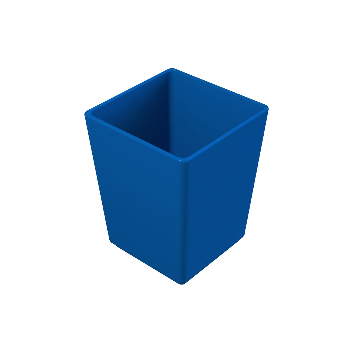 A solid blue, square-shaped cold holding bowl with straight sides and an open top, shown against a plain white background. Made from NSF-certified material, the container has smooth surfaces and sharp corners, appearing empty inside.