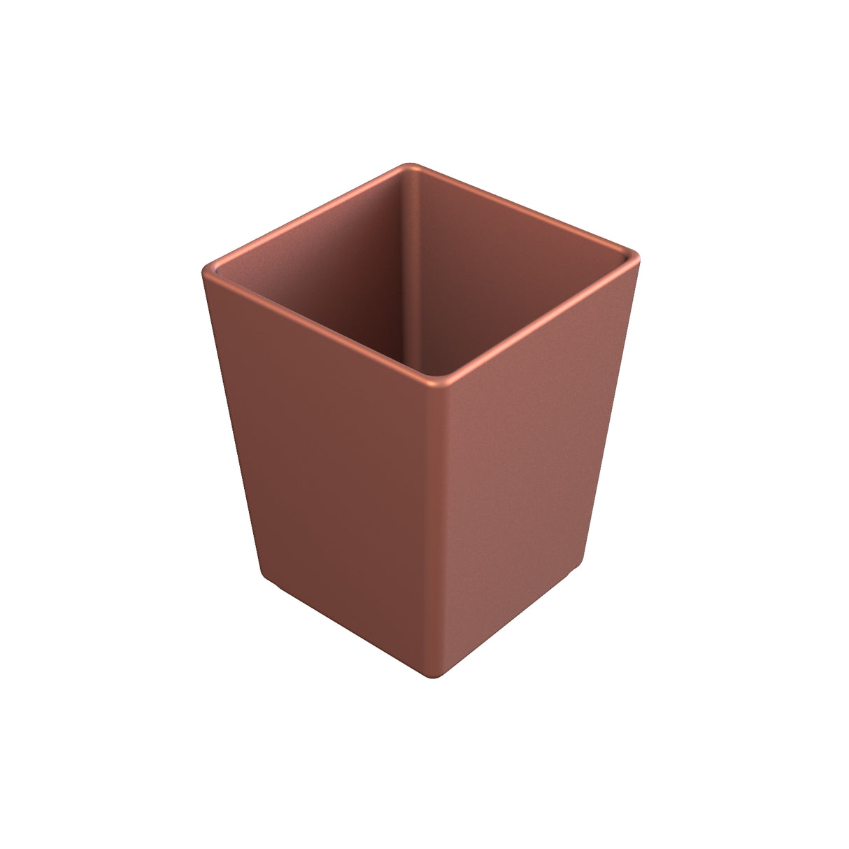 A 3D-rendered image of a simple, empty, square-shaped container with a matte, reddish-brown Duracoat coated aluminum finish. The bowl has straight sides and slightly rounded top edges, shown against a plain white background.