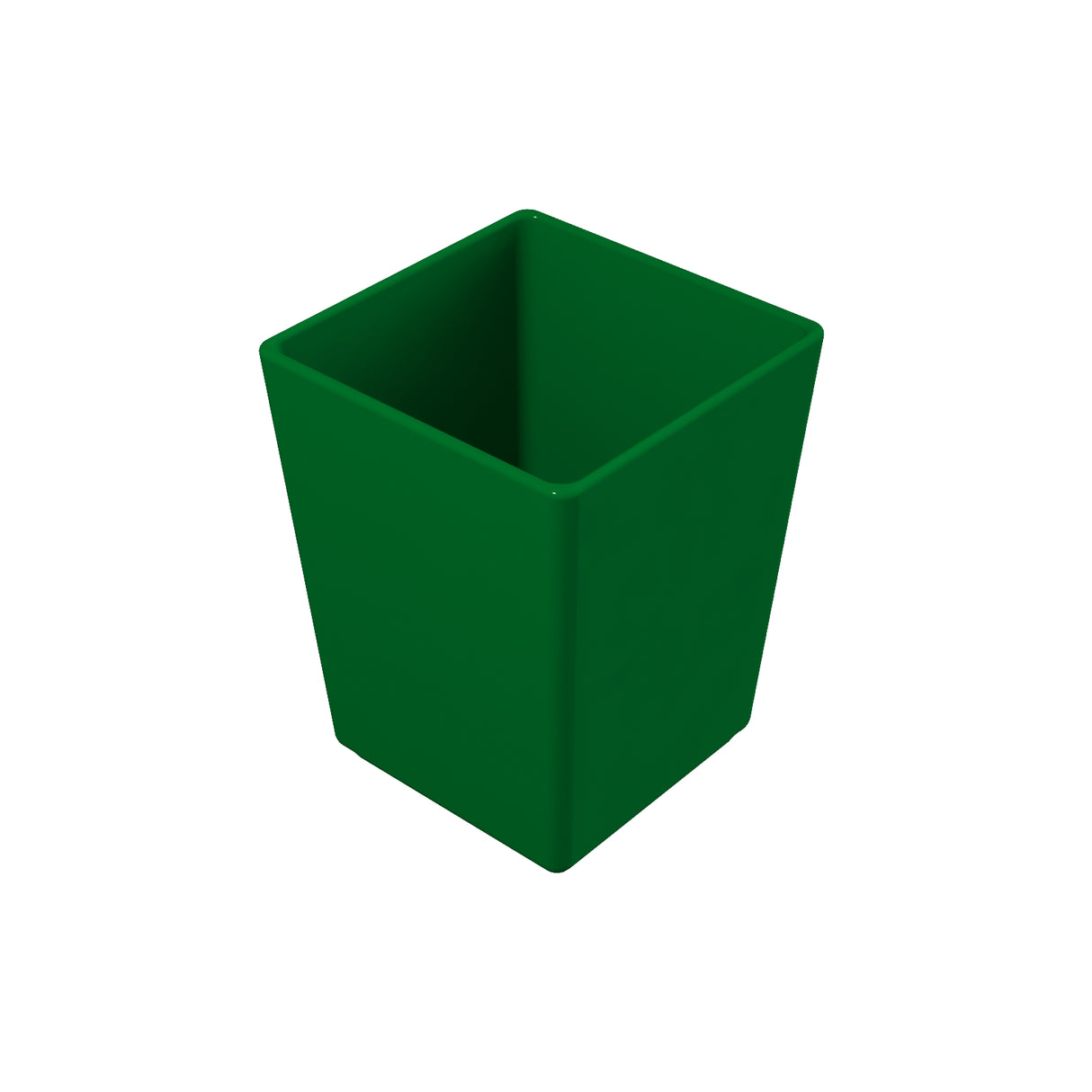 A 3D-rendered image of a plain, green, square-shaped open container resembling a cast aluminum bowl with smooth sides, viewed slightly from above on a white background. The container appears empty and has no handles or decorations.