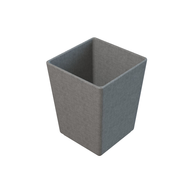 A gray, square-shaped cast aluminum bowl with a matte textured surface, viewed from a slightly elevated angle against a plain white background.