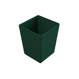 A plain, dark green, square-shaped plastic plant pot with smooth sides, viewed from a slightly elevated angle on a white background. The empty pot’s sleek look is reminiscent of a dishwasher safe bowl, with no visible designs or markings.