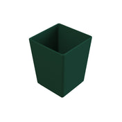 A plain, dark green, square-shaped plastic plant pot with smooth sides, viewed from a slightly elevated angle on a white background. The empty pot’s sleek look is reminiscent of a dishwasher safe bowl, with no visible designs or markings.