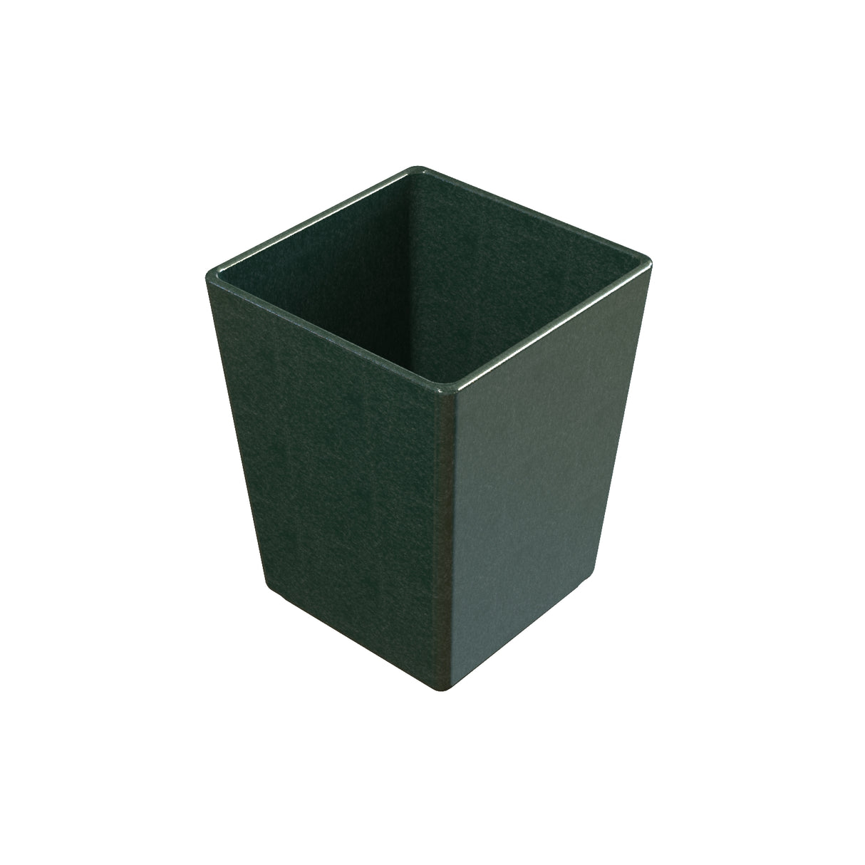 A dark green, square-shaped cast aluminum bowl with straight sides and a smooth surface, viewed from a slightly elevated angle against a white background.