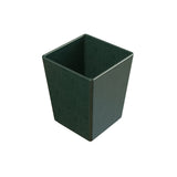 A dark green, square-shaped cast aluminum bowl with straight sides and a smooth surface, viewed from a slightly elevated angle against a white background.