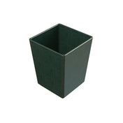 A dark green, square-shaped cast aluminum bowl with straight sides and a smooth surface, viewed from a slightly elevated angle against a white background.