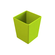 A bright green, square-shaped, empty plastic cold holding bowl with slightly rounded edges is shown against a plain white background, viewed from an angle above and to the side.