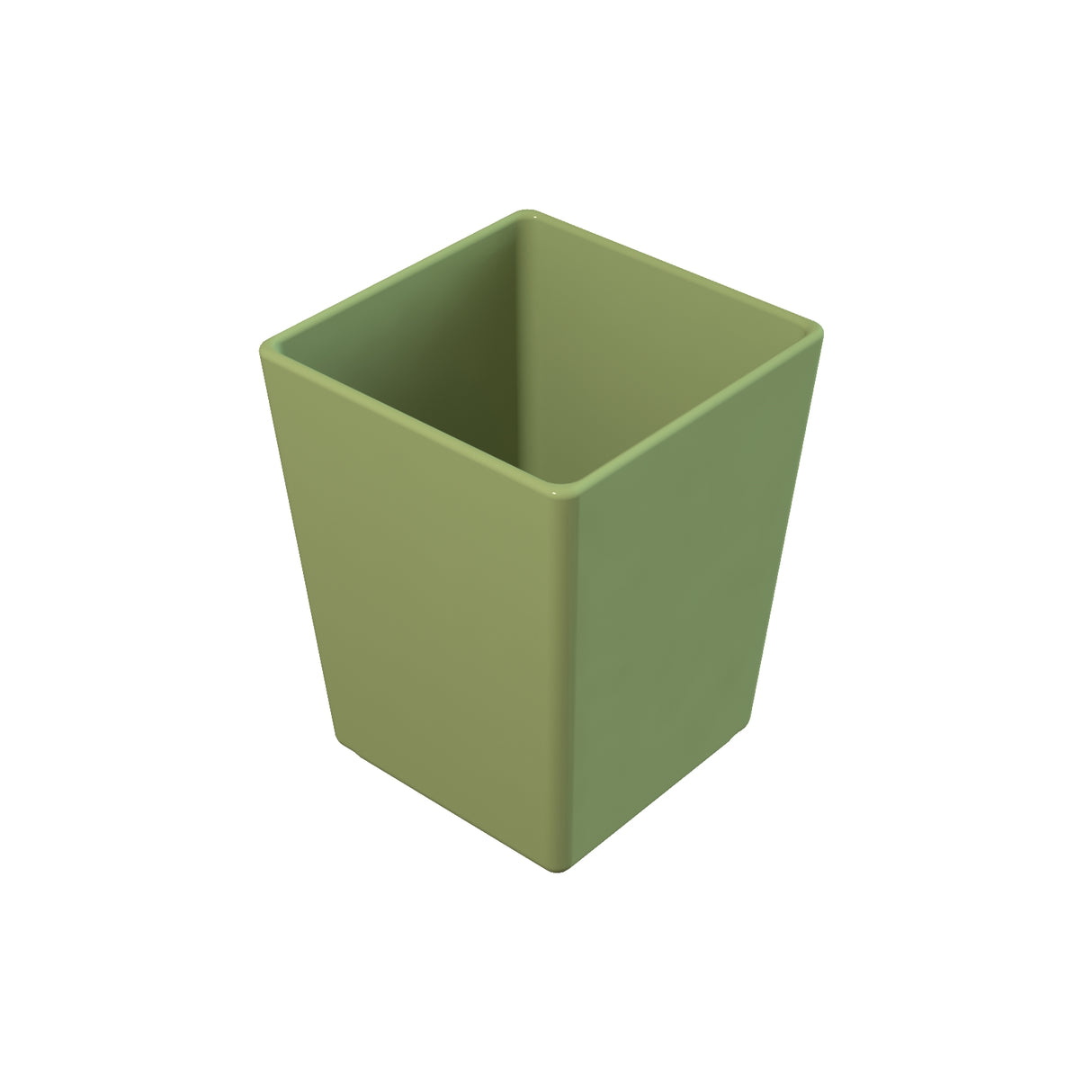 A plain, square-shaped, olive green plastic container is shown on a white background. The container has smooth sides, an open top, and no visible decorations or markings. Ideal as a cold holding bowl for fresh ingredients.