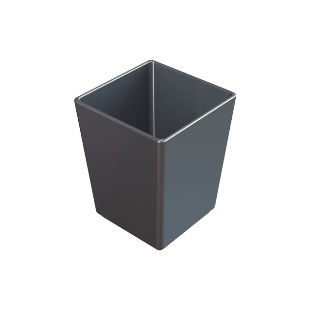 A black, square-shaped, empty NSF bowl with smooth sides and a slightly glossy finish, shown against a plain white background at a high angle.
