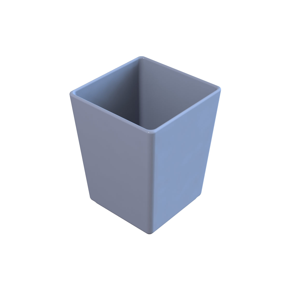 A plain, light blue, plastic bowl-shaped container with smooth sides and a slightly tapered base, photographed on a white background. The container appears empty and is positioned at an angle showing both the front and side.