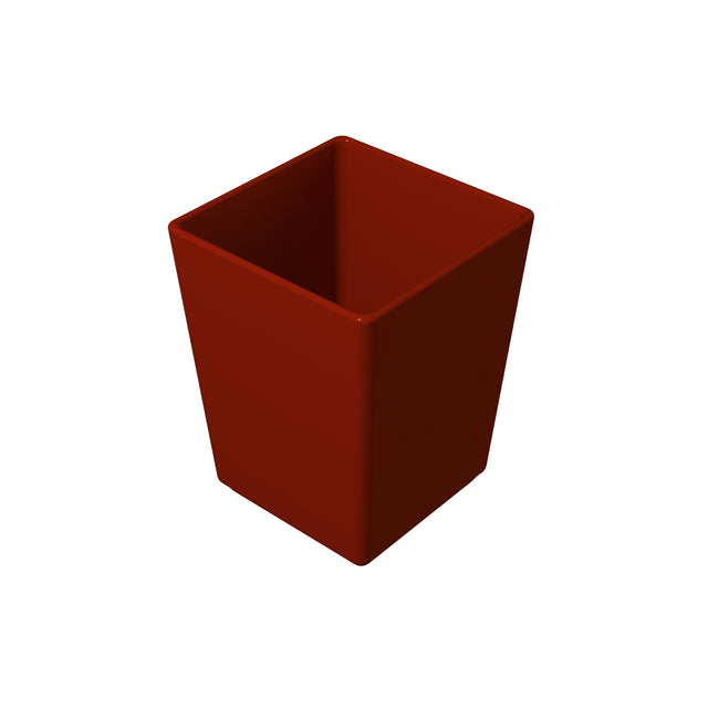 A 3D-rendered image of a red, empty, square-shaped cast aluminum bowl with smooth sides and a matte finish, set against a plain white background. The container is viewed from above, showcasing its open top and clean, modern design.
