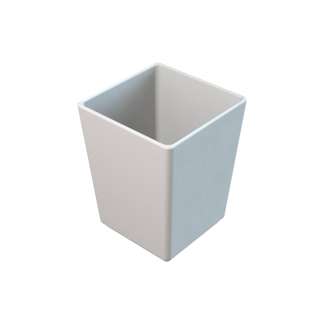 A white, square-shaped cold holding bowl with smooth sides and slightly rounded edges, viewed from an angle above. The bowl is empty and set against a plain white background.