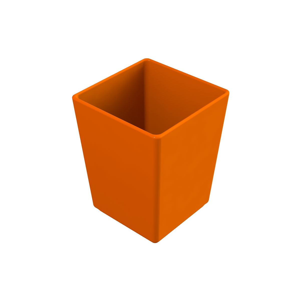 A 3D rendered image of an empty, orange, square-shaped cast aluminum bowl with straight sides and an open top, viewed at an angle against a plain white background.