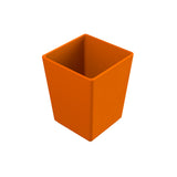 A 3D rendered image of an empty, orange, square-shaped cast aluminum bowl with straight sides and an open top, viewed at an angle against a plain white background.