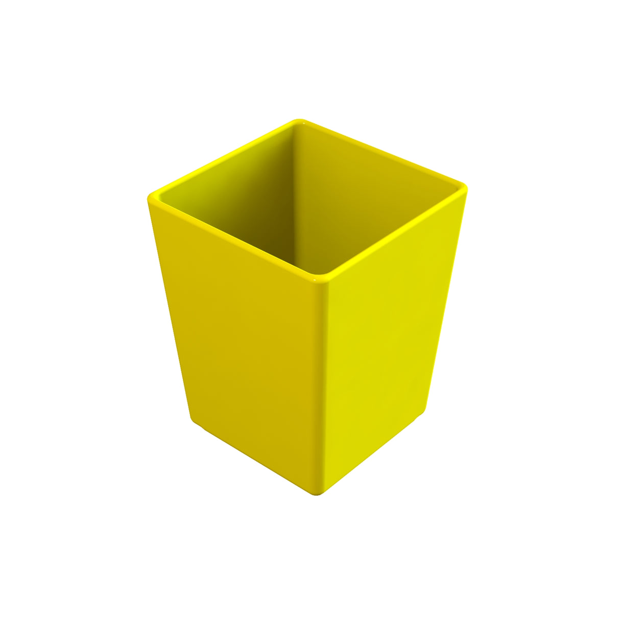 A bright yellow, square-shaped cold holding bowl with an open top is shown against a plain white background. The container has straight sides and sharp edges, and its interior is visible, appearing empty.