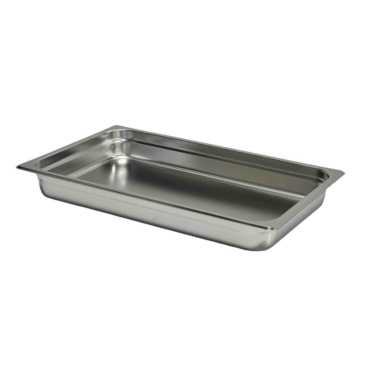 A full size, rectangular stainless steel tray with rounded corners and a smooth, shiny surface. This Chafing Steam Pan features slightly raised edges and a flat base, is dishwasher safe, and is placed empty against a plain white background.
