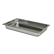 A full size, rectangular stainless steel tray with rounded corners and a smooth, shiny surface. This Chafing Steam Pan features slightly raised edges and a flat base, is dishwasher safe, and is placed empty against a plain white background.