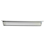 A full size stainless steel Chafing Steam Pan viewed from the side against a white background. The pan has shallow depth with straight edges and slightly rounded corners, ideal for food service or catering and is dishwasher safe.
